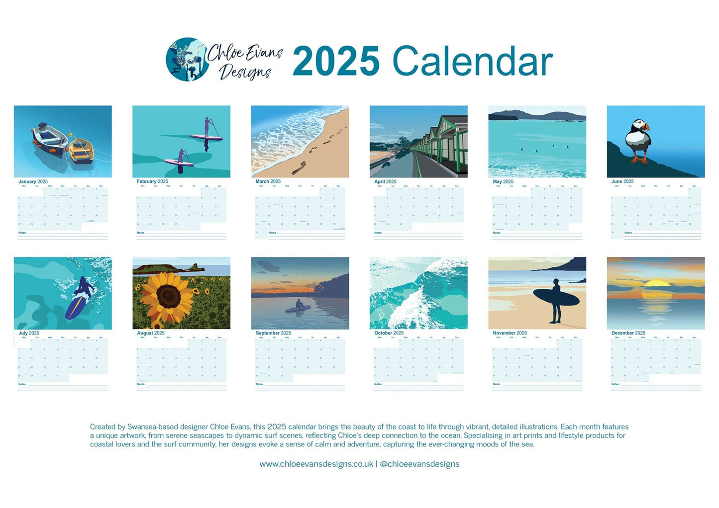 2025 Coastal A3 Wall Calendar - Chloe Evans Designs