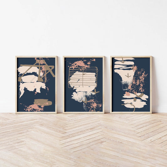 Slate Grey & Pink Abstract Coastal Art Print Set - Chloe Evans Designs