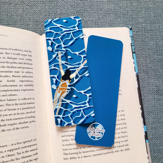 Bookmark showing an illustration of a wild swimmer moving through rippled water – design by Chloe Evans