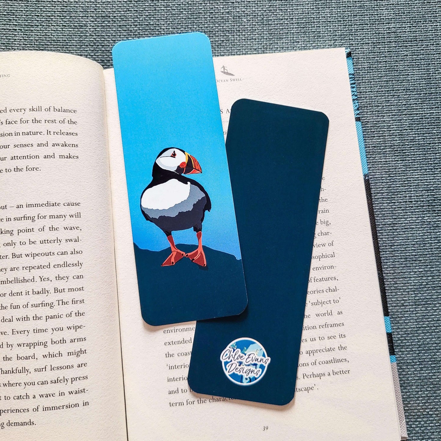 Illustrated puffin bookmark, double-sided and printed on durable tear-proof paper – coastal design by Chloe Evans