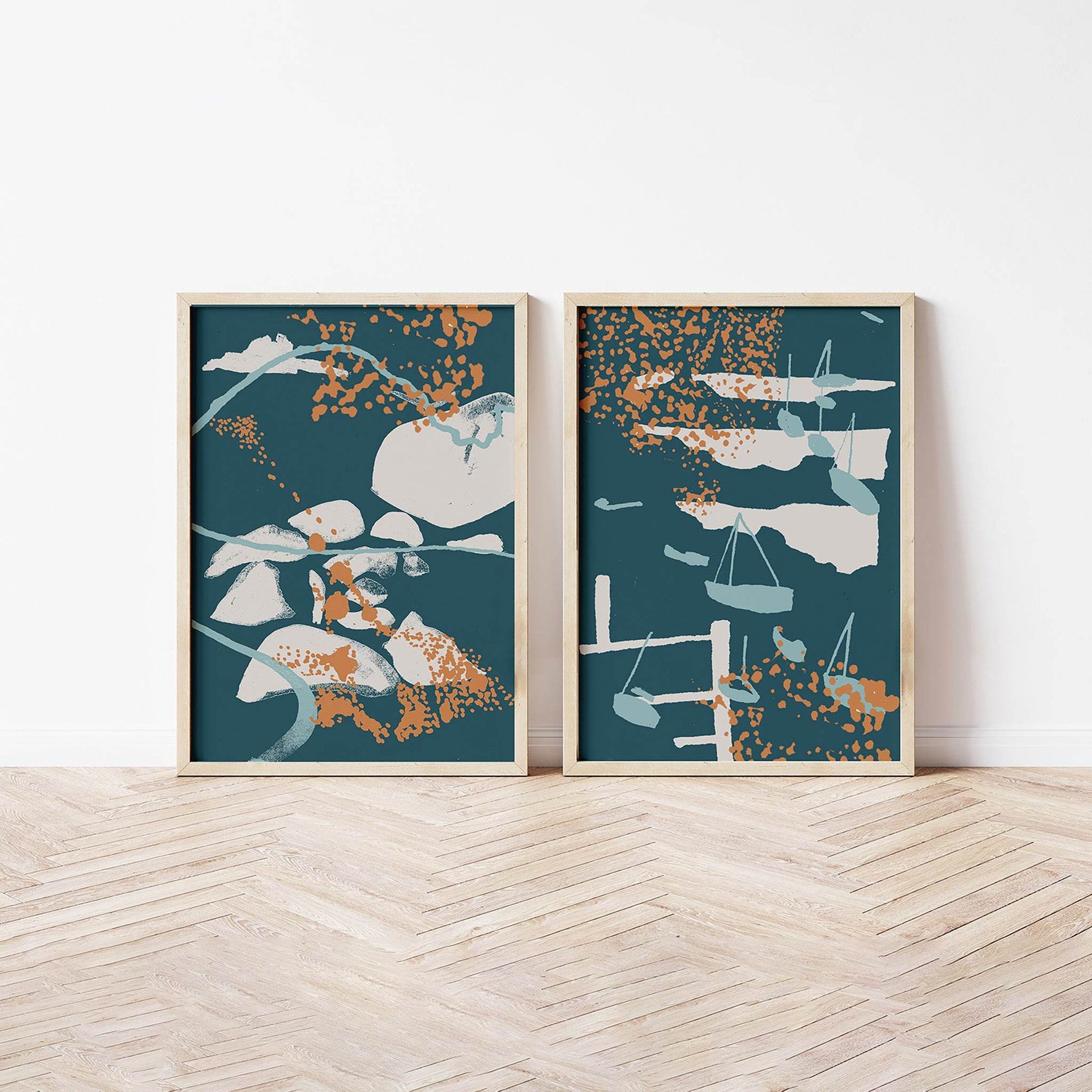 Green & Orange Abstract Coastal Print Set - Chloe Evans Designs