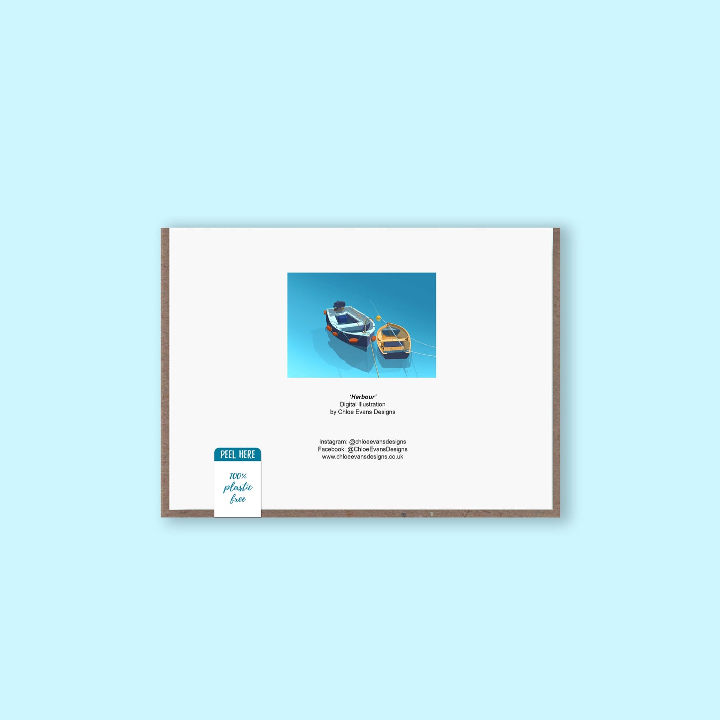 The back of a harbour greeting card with recycled kraft envelope and plastic free packaging