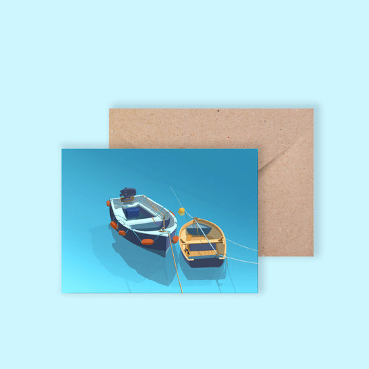Greeting card with illustration of two colourful boats floating in a quiet harbour, by Chloe Evans Designs