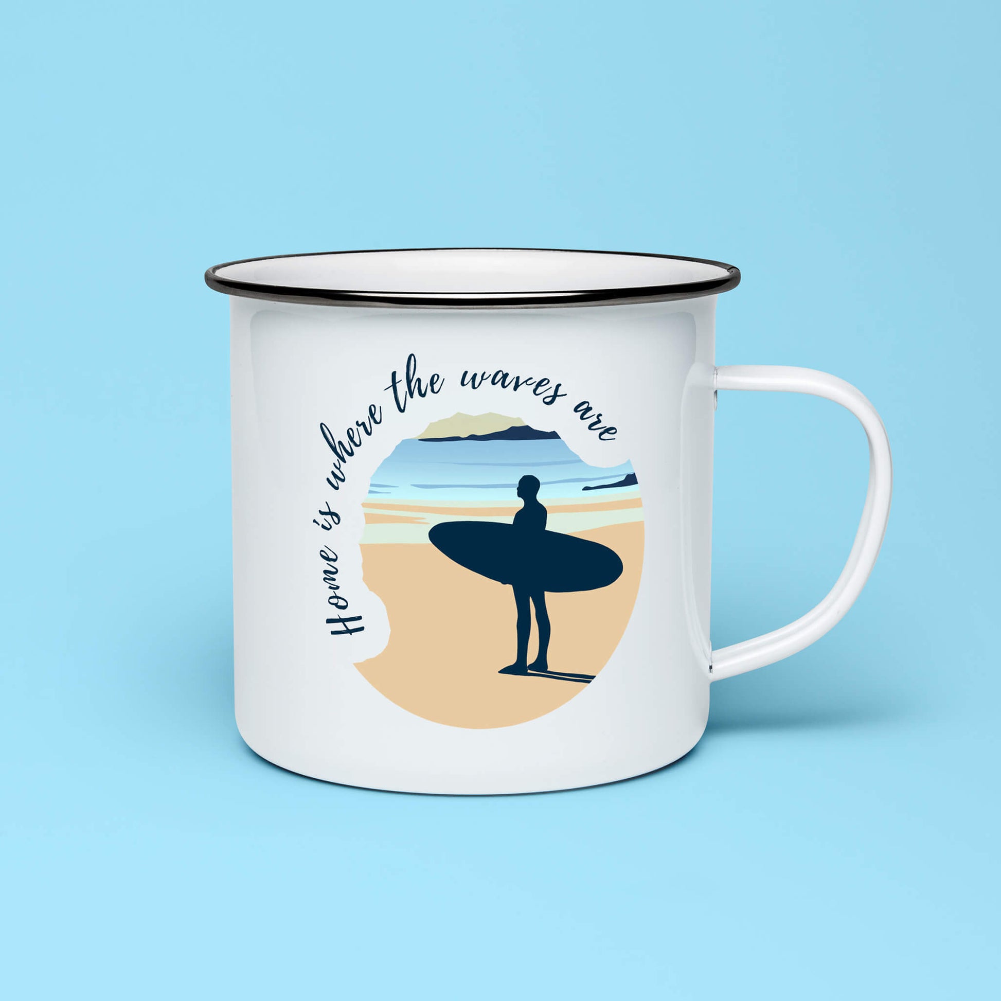 Enamel mug with surfer silhouette and “Home is Where the Waves Are” text
