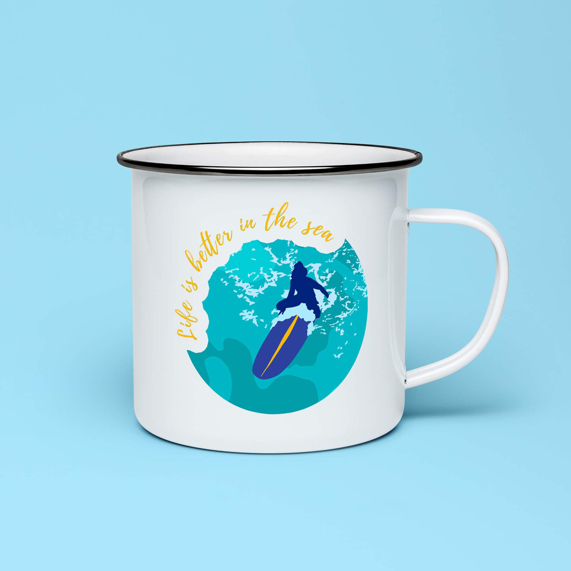 Enamel mug with illustration of female surfer and “Life is Better in the Sea” text
