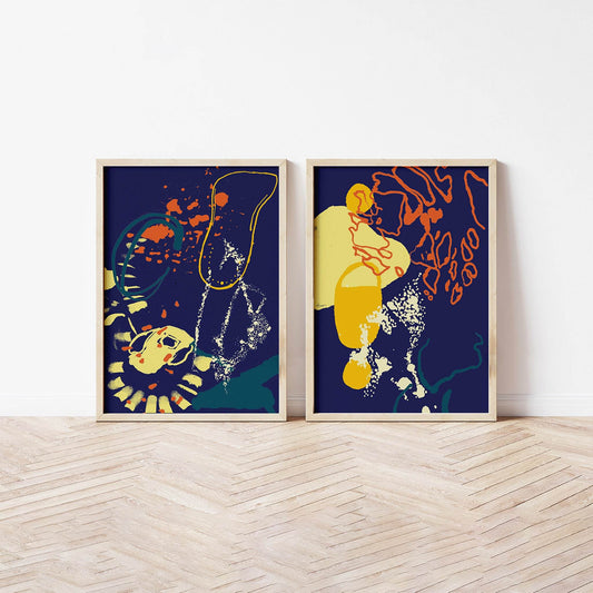 Navy & Yellow Abstract Coastal Art Print Set - Chloe Evans Designs
