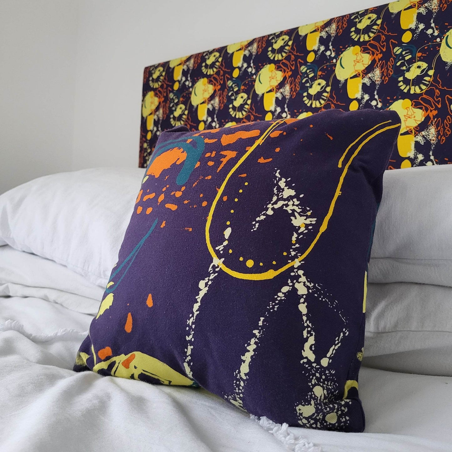 Navy, Orange & Yellow Abstract Coastal Cushion – Handmade 45cm Cotton Cushion - Chloe Evans Designs