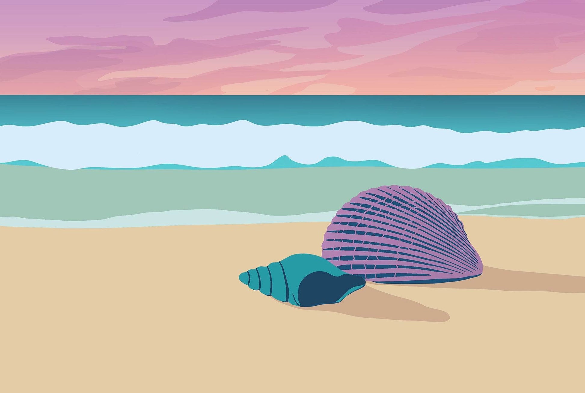 On the Sea Shore – Limited Edition A3+ Signed Shells & Sunset Illustration - Chloe Evans Designs