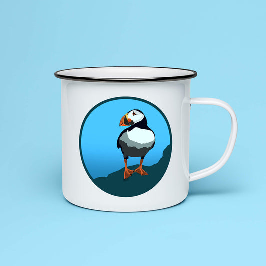 10oz enamel mug featuring hand-drawn puffin illustration