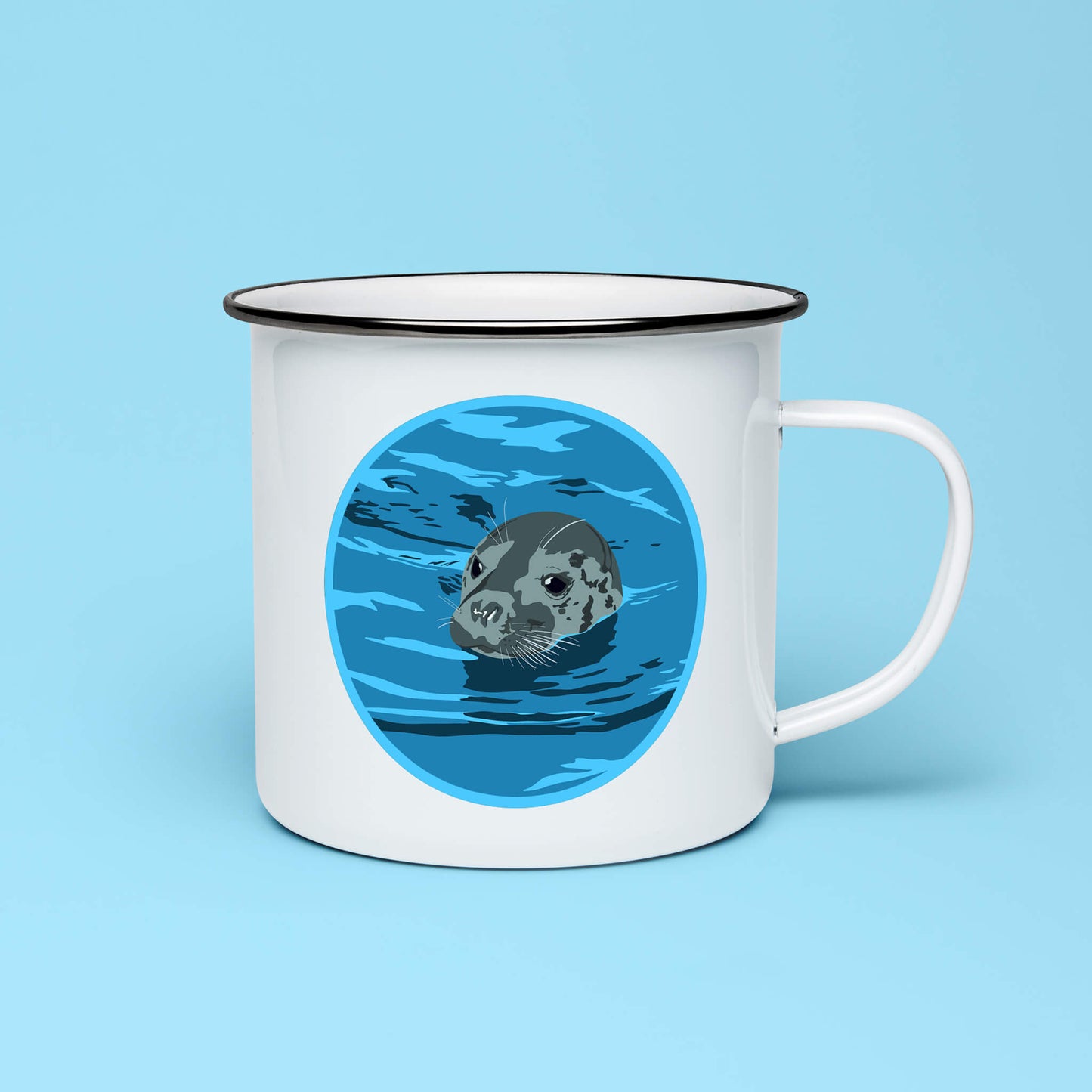 10oz enamel camping mug featuring a cute seal popping out of the water