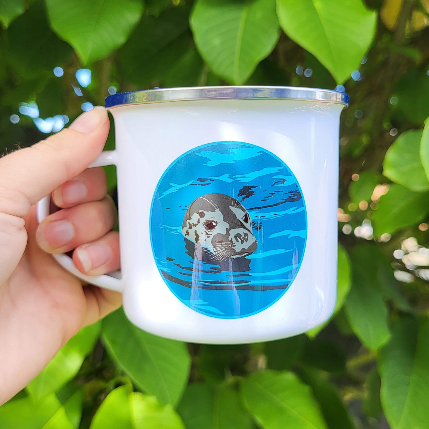 Seal-themed enamel mug for ocean lovers, van lifers and beach goers