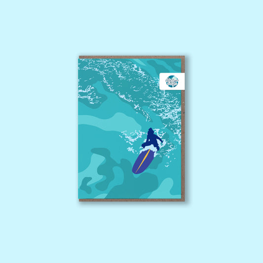 Surfer greeting card with recycled kraft envelope and plastic-free packaging removable sticker