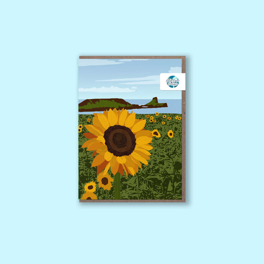 Rhossili Sunflowers greeting card with recycled kraft envelope and plastic-free packaging