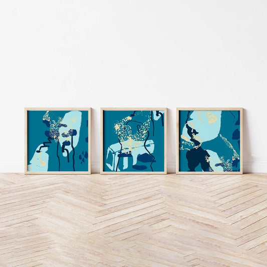 Teal Blue Abstract Coastal Print Set - Chloe Evans Designs