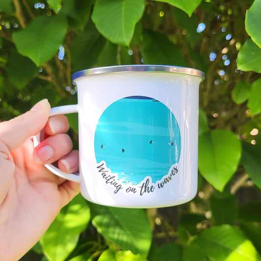 White enamel surf mug for beach lovers and ocean adventurers