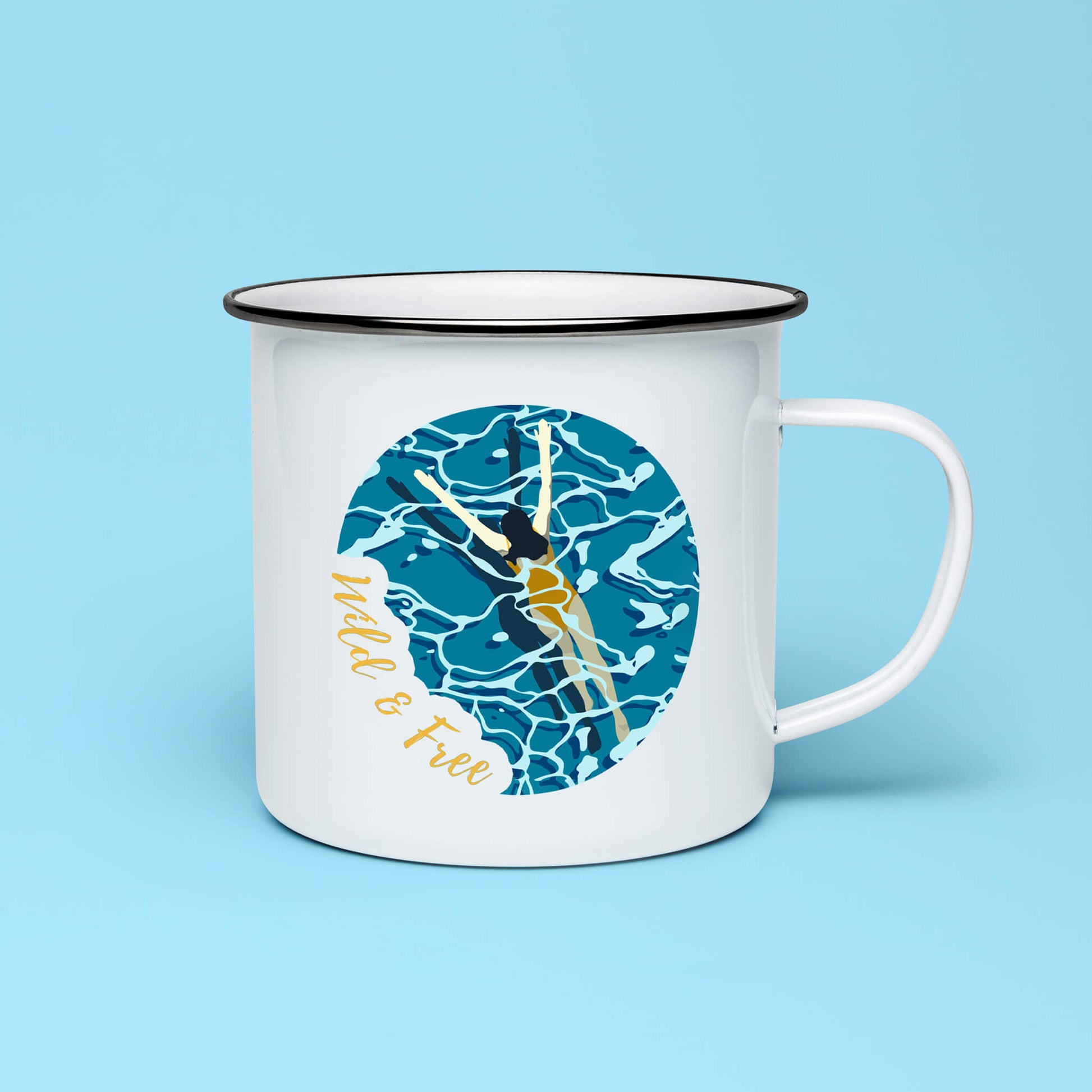 Wild swimmer enamel mug with “Wild & Free” text and ripple design