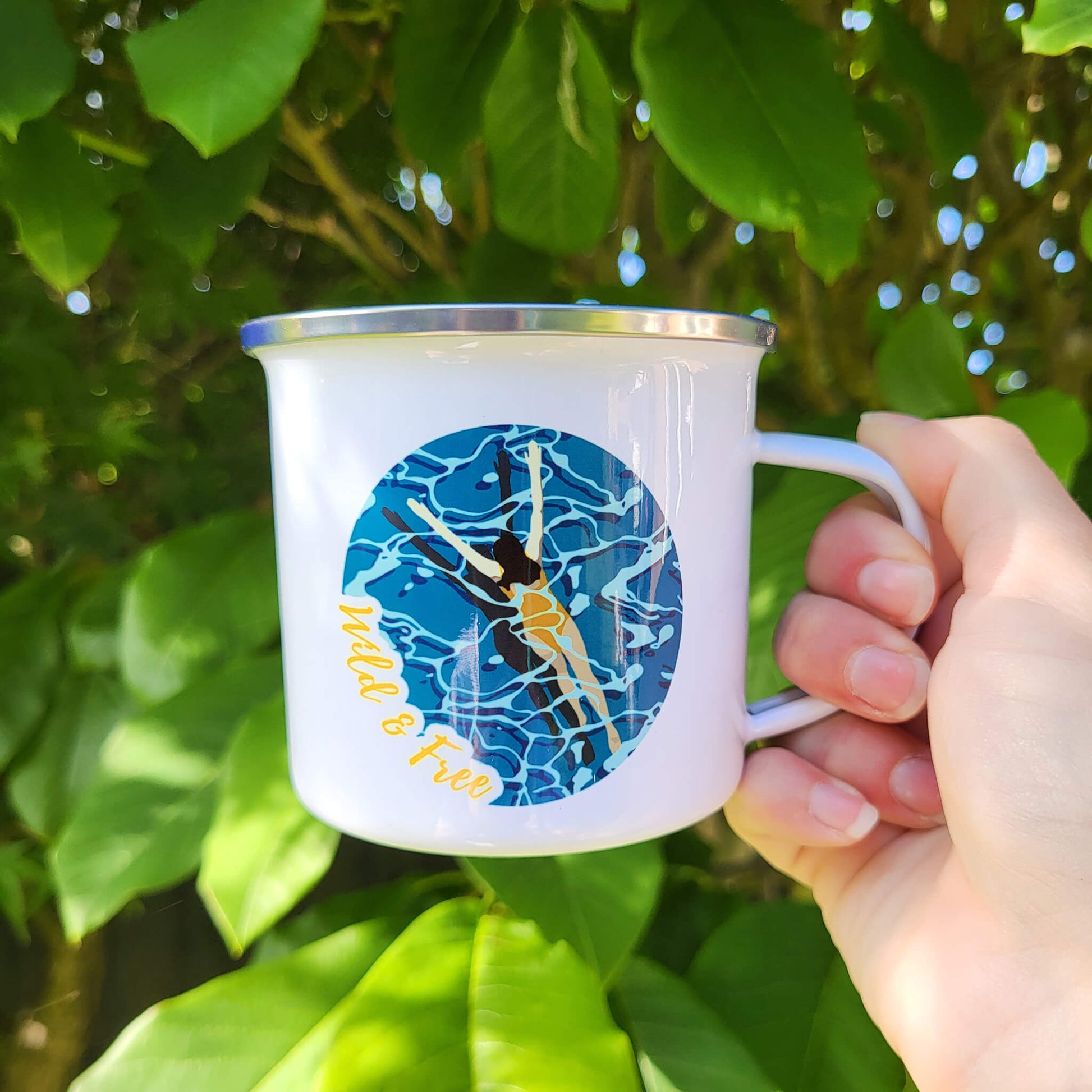 Lightweight enamel mug for wild swimmers and coastal adventurers
