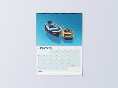 Digital mockup of an A3 coastal wall calendar, showing the January page with an illustration of boats in a harbour.