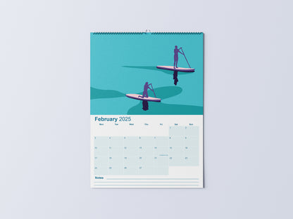 Digital mockup of an A3 coastal wall calendar, showing the February page with an illustration of two people paddleboarding.