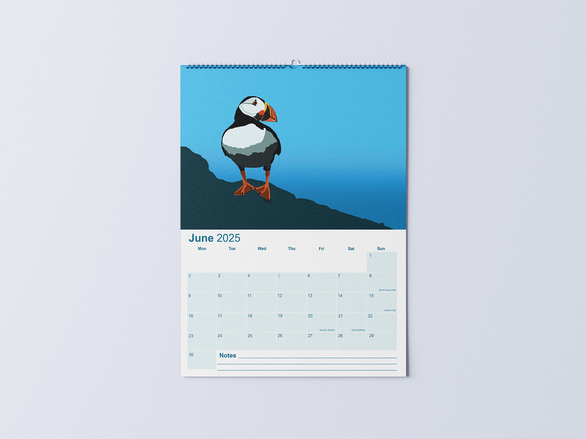 Digital mockup of an A3 coastal wall calendar, showing the June page with an illustration of a Skomer puffin stood on a rock.