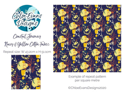 Visual showing repeat pattern size of Navy, Yellow and Orange coastal abstract pattern fabric