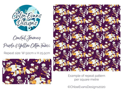 Visual showing repeat pattern size of Purple and Yellow coastal abstract pattern fabric