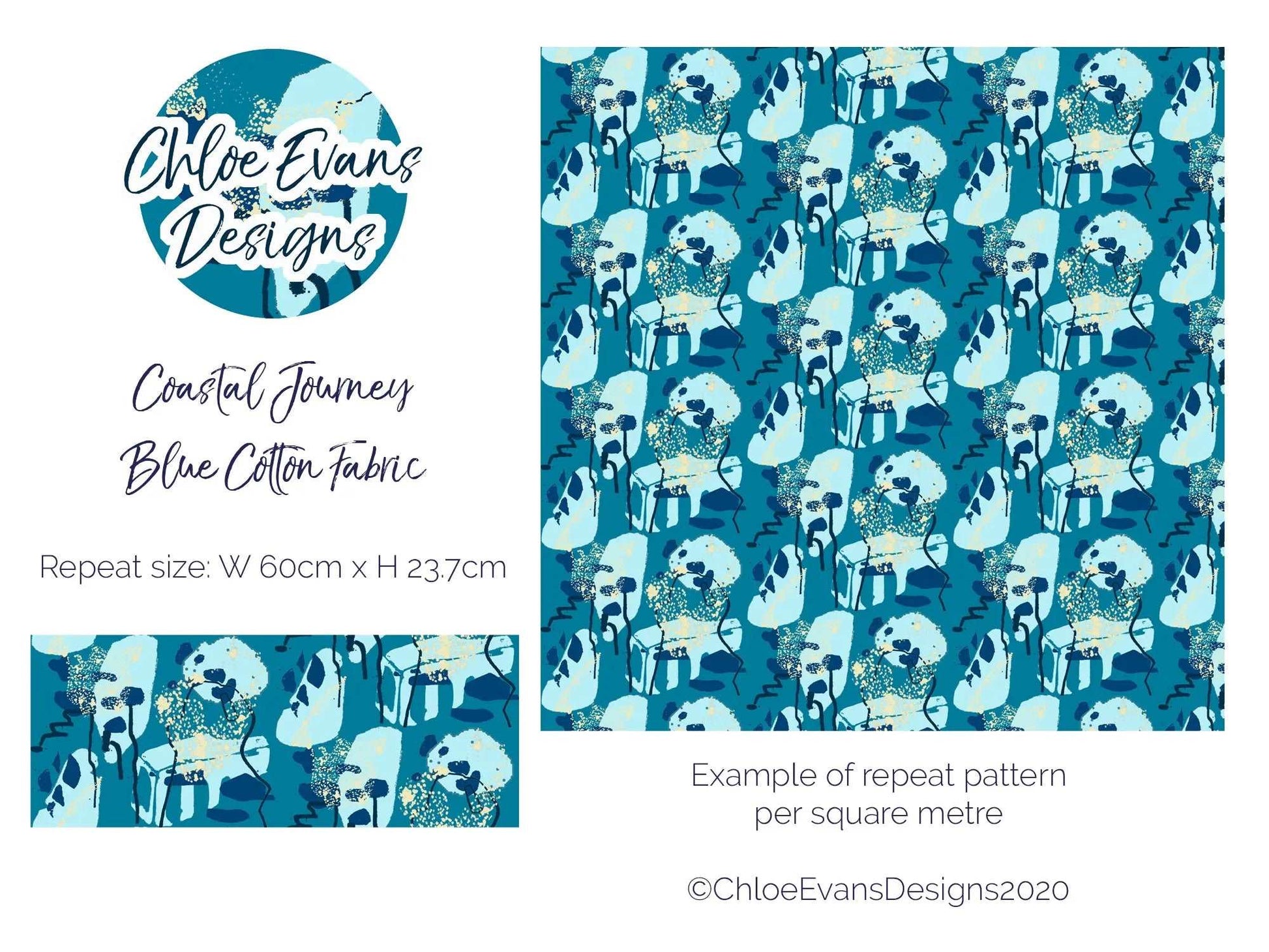 Visual showing repeat pattern size of Teal Blue coastal abstract pattern fabric