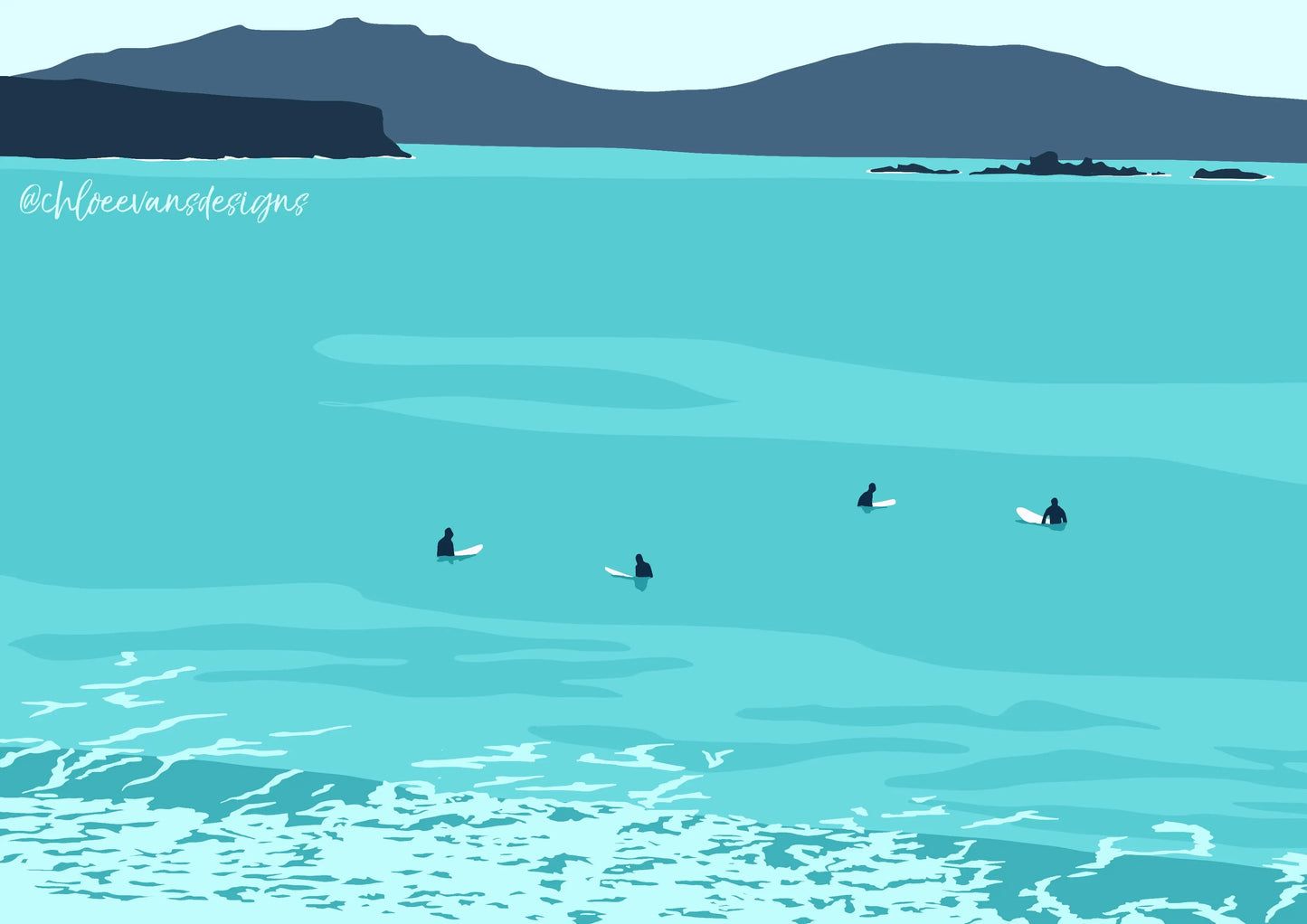 A blue illustration of surfers sat on their surfboards in the ocean waiting for a wave, with white water in the foreground and islands and cliffs in the background