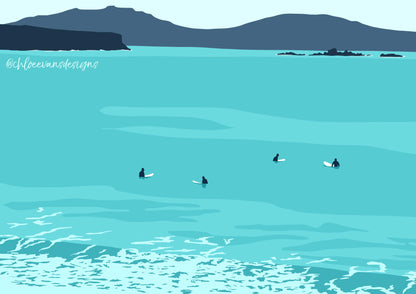 A blue illustration of surfers sat on their surfboards in the ocean waiting for a wave, with white water in the foreground and islands and cliffs in the background