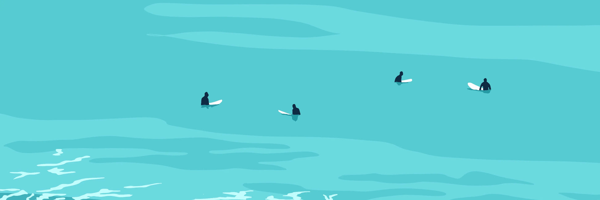 A blue digital illustration of four surfers sat on their surfboards looking out to sea.