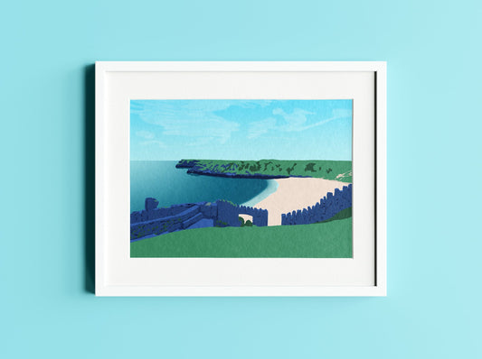 A mockup of a green and blue print of Barafundle Bay in a white frame on a light blue wall.