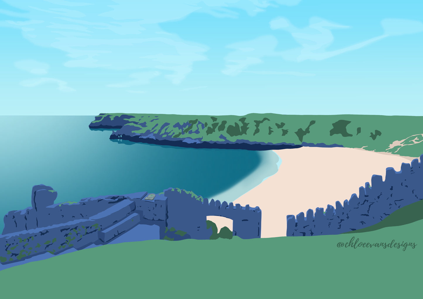 A digitially drawn illustration of Barafundle bay in a green and blue colour palette.