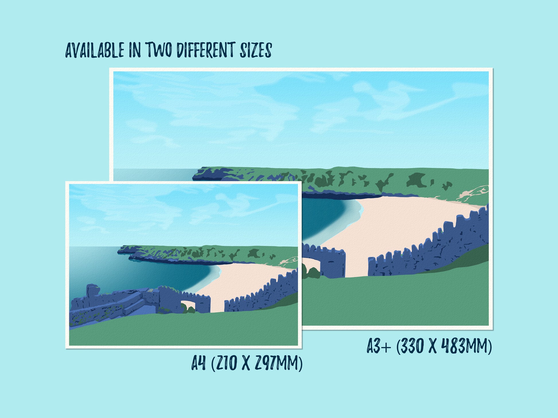 A mockup of an illustration of Barafundle Bay, showing the size difference and dimensions between the prints available to order: A4 and A3+.