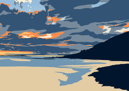 Blue and orange bespoke illustration of West Shore beach at Llandudno in Wales