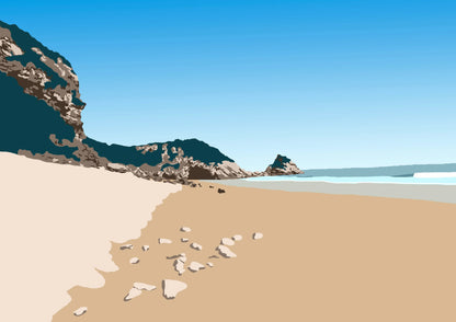 A blue, green and cream bespoke beach illustration of Monkstone Point, near Tenby, Wales.