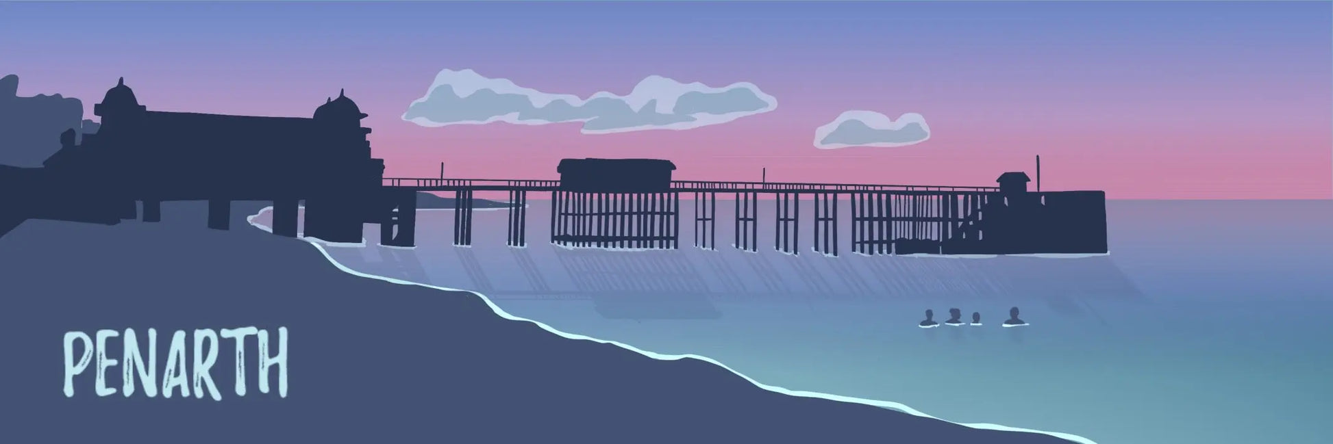 Pink, blue and purple bespoke illustration of swimmers enjoying a sunrise swim at Penarth Pier