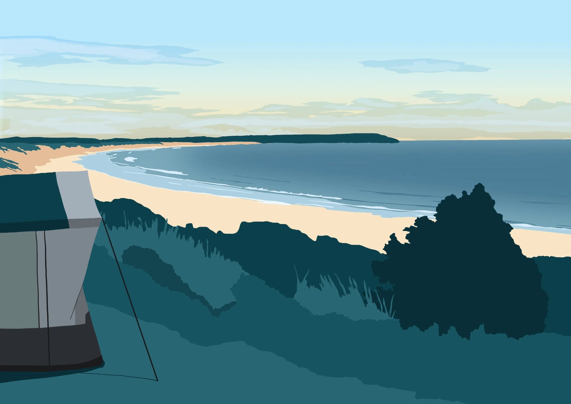 Green and blue bespoke illustration of Hell's Mouth at Abersoch, with a tent looking out over the beach