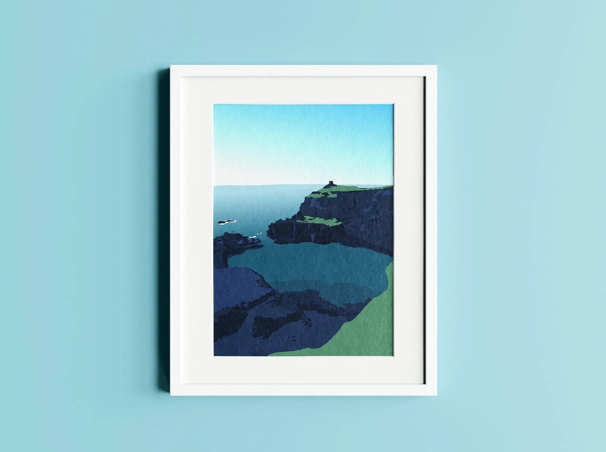 Digital mockup of blue and green Blue Lagoon Pembrokeshire illustration framed.