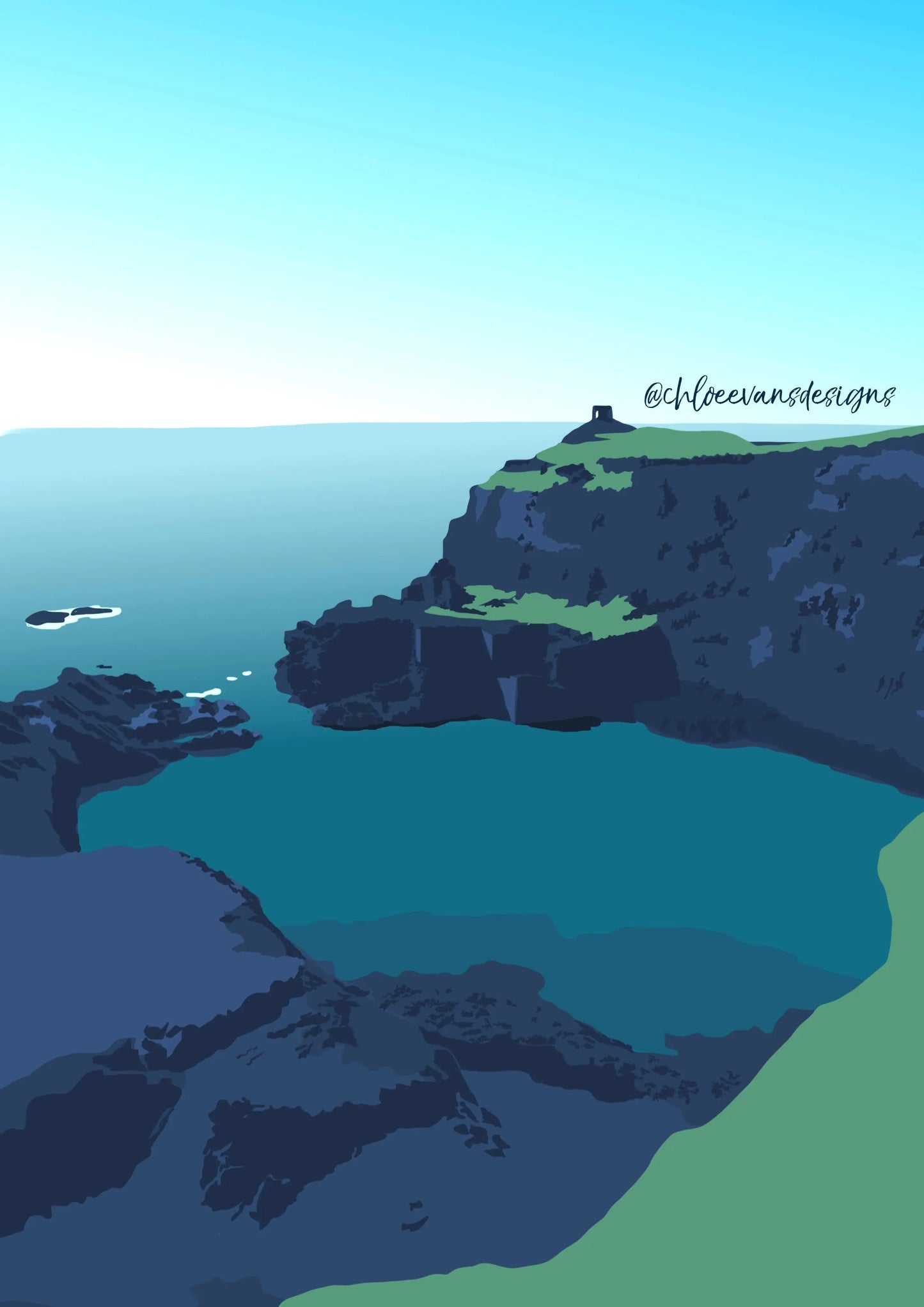 Blue and green digital illustration of Blue Lagoon in Pembrokeshire.