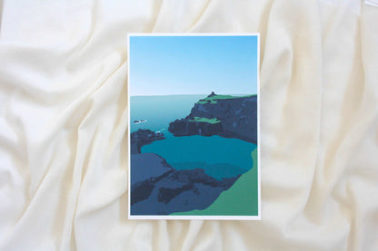 Photo of Blue Lagoon wall print on cream fabric backdrop.