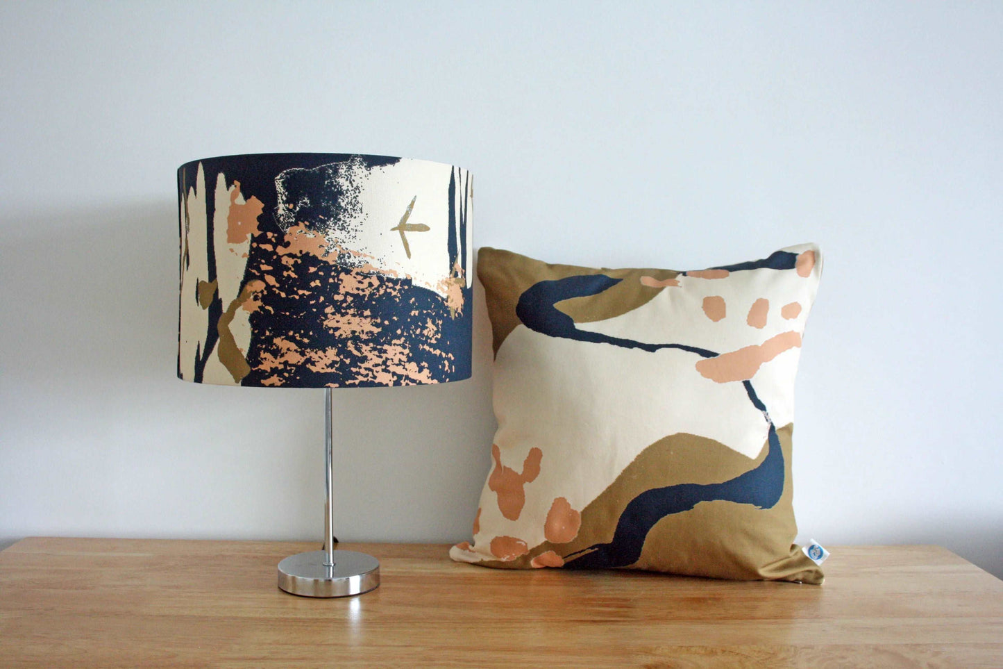 Photo of 30cm blue and pink abstract print handmade lampshade, with matching 45cm handmade cushion