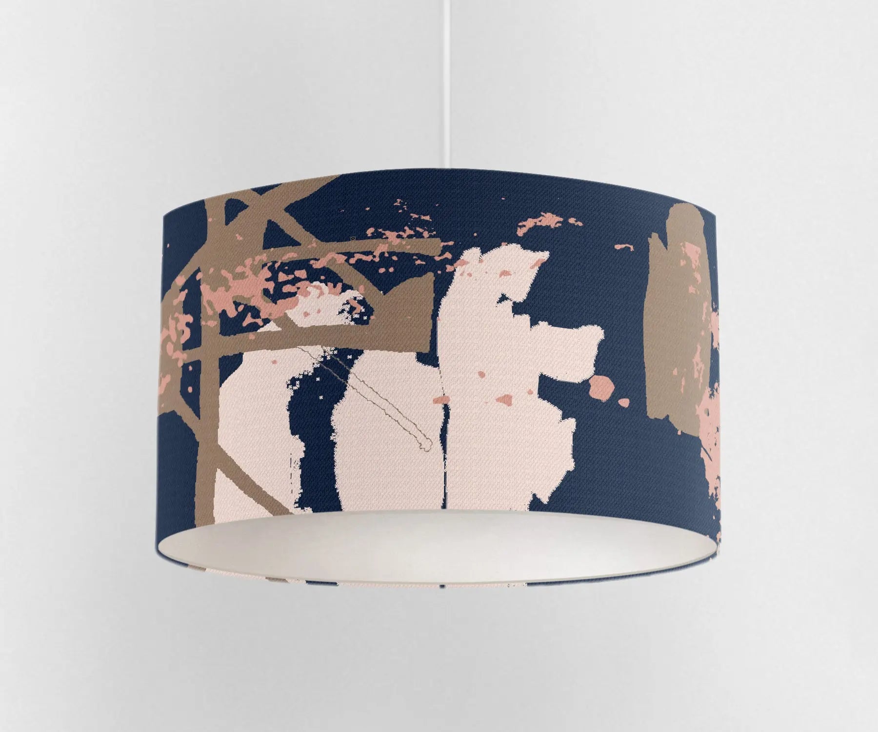 Digital mockup of 30cm blue and pink abstract print handmade lampshade on pendant ceiling light