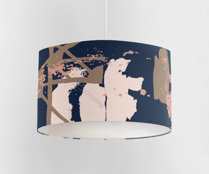 Digital mockup of 30cm blue and pink abstract print handmade lampshade on pendant ceiling light