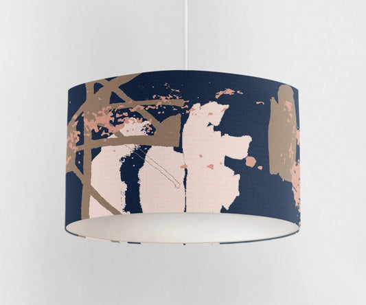 Digital mockup of 30cm blue and pink abstract print handmade lampshade on pendant ceiling light