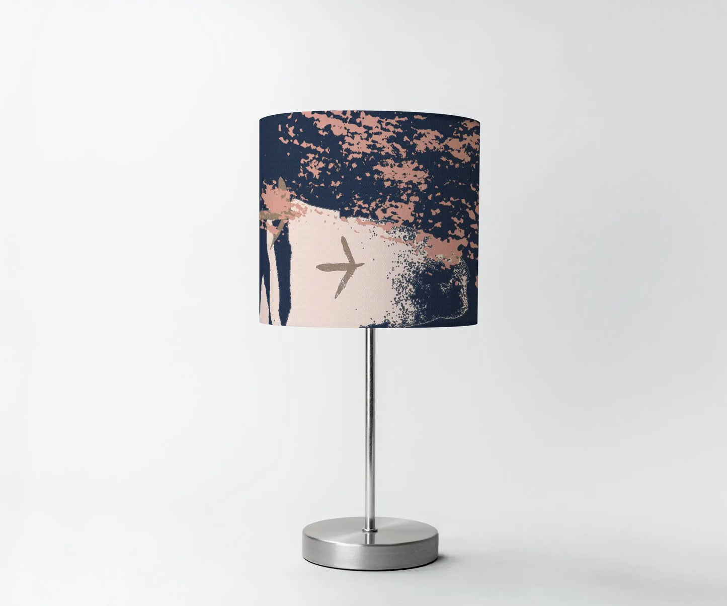 Digital mockup of 20cm blue and pink abstract print handmade lampshade on silver table lamp