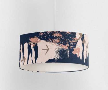 Digital mockup of 45cm blue and pink abstract print handmade lampshade on pendant ceiling light