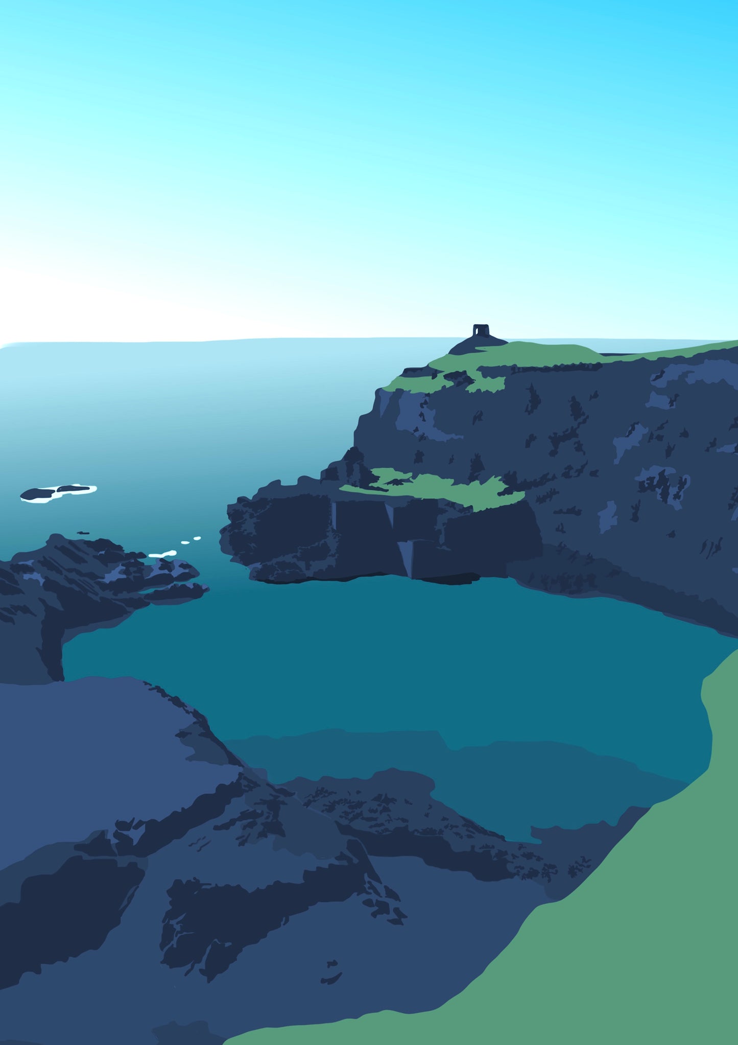 Illustration of Blue Lagoon Abereiddi, capturing the deep blue waters and rugged cliffs. 