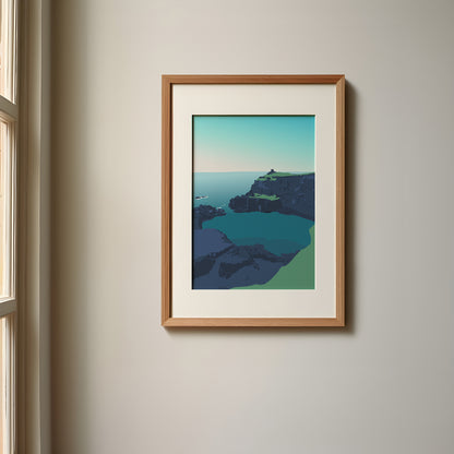 A framed Blue Lagoon Abereiddi print on a white wall, highlighting the deep blue waters of this iconic Welsh coastal spot.