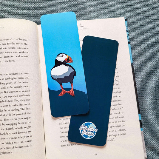 Illustrated puffin bookmark, double-sided and printed on durable tear-proof paper – coastal design by Chloe Evans