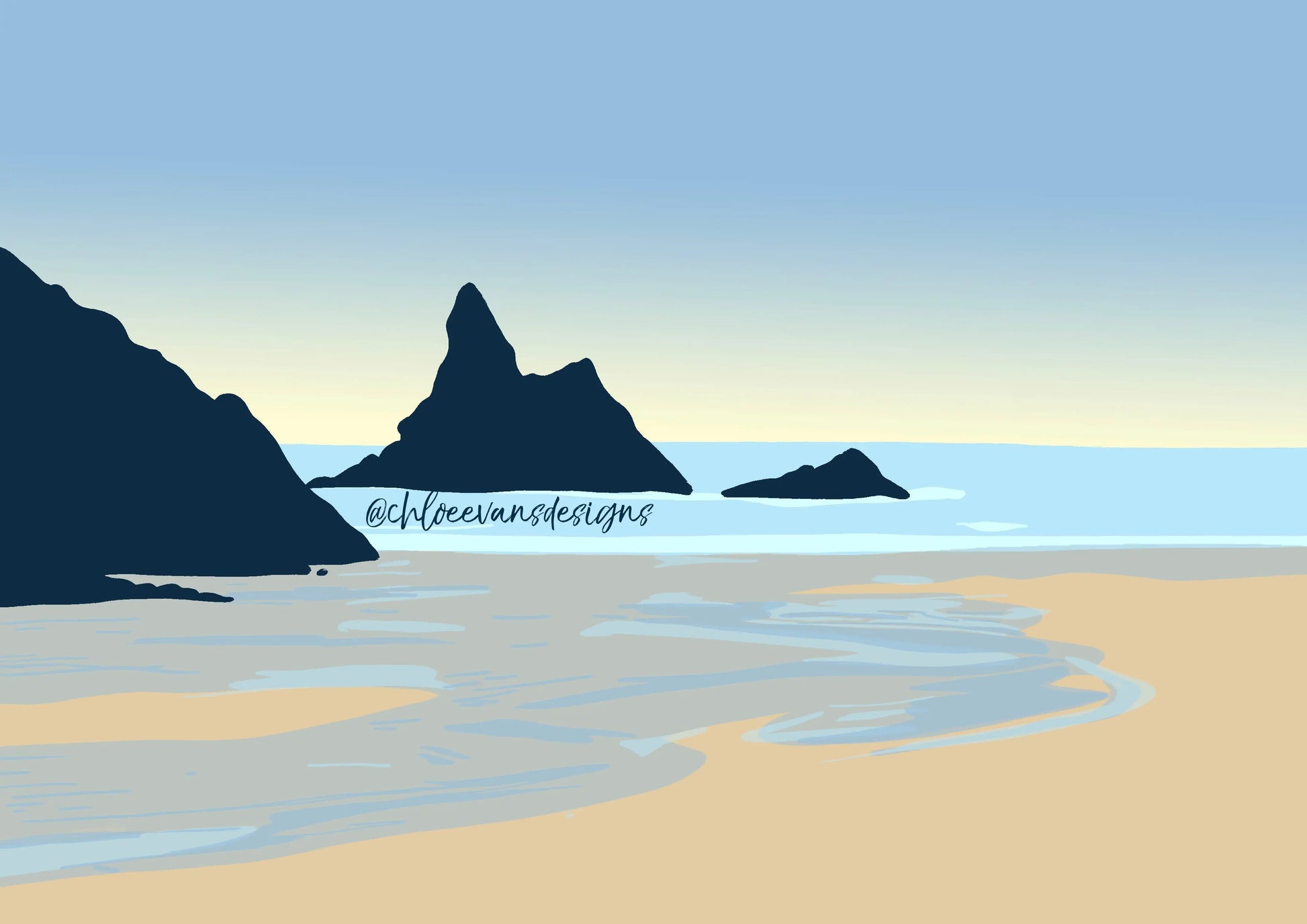 Digital illustration of Broad Haven South beach in blue and beige.